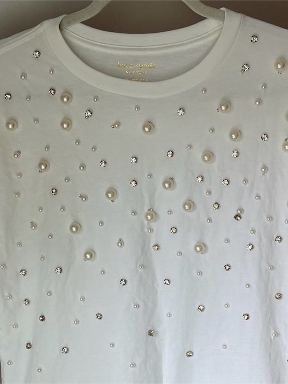NWT kate spade White Short-Sleeve Tee with Pearl & Rhinestone Embellishment xs